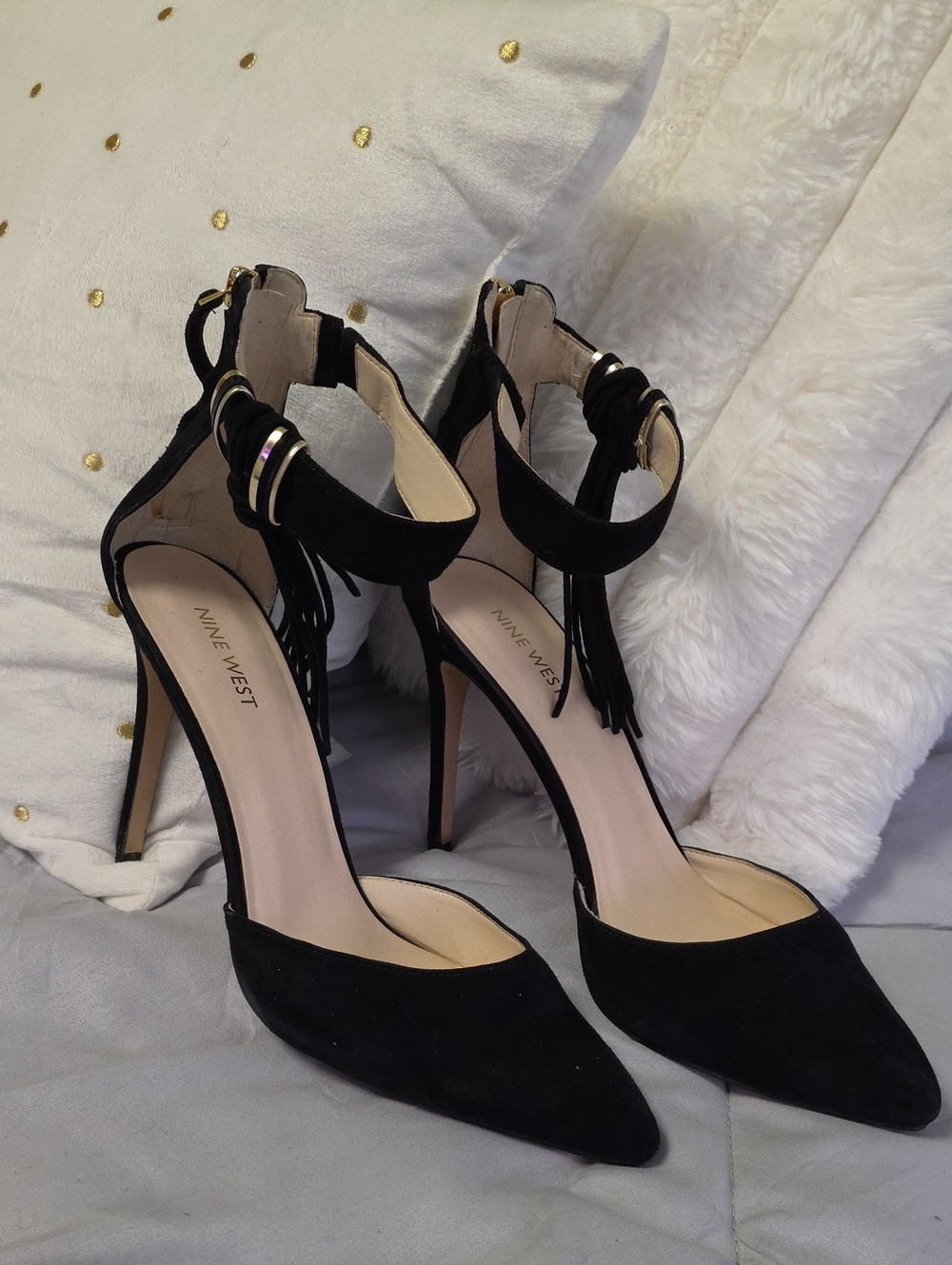 Nine West Black Suede Pointed Ankle-Strap Stiletto Heels with Tassel Detail